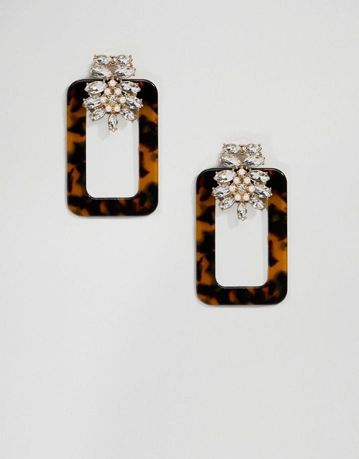Asos Design Earrings With Tortoiseshell Open Shape And Crystal Design - Multi