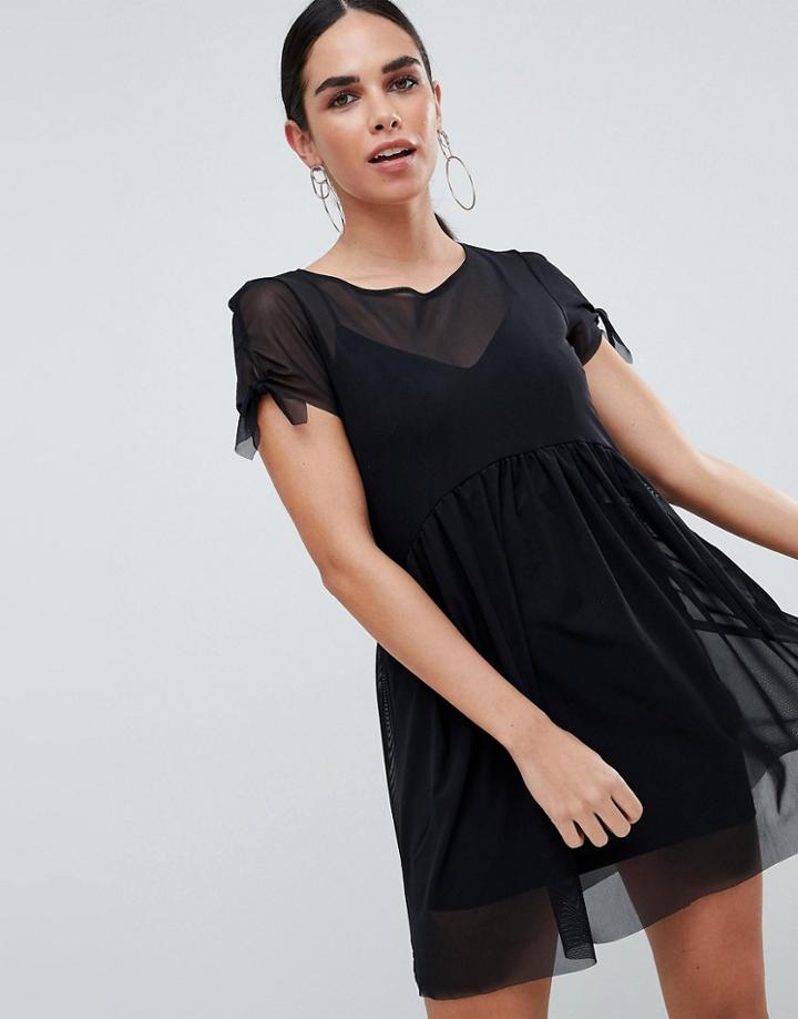 Love Tie Sleeve Mesh Midi Dress - Black