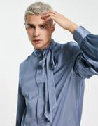 Asos Design Satin Shirt With Tie Neck And Blouson Volume Sleeves In Recycled Polyester In Blue - Mblue