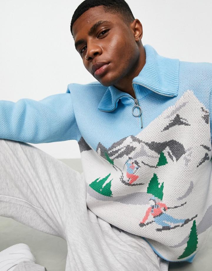 Asos Design Knitted Half Zip Sweater With Ski Scene Pattern In Blue