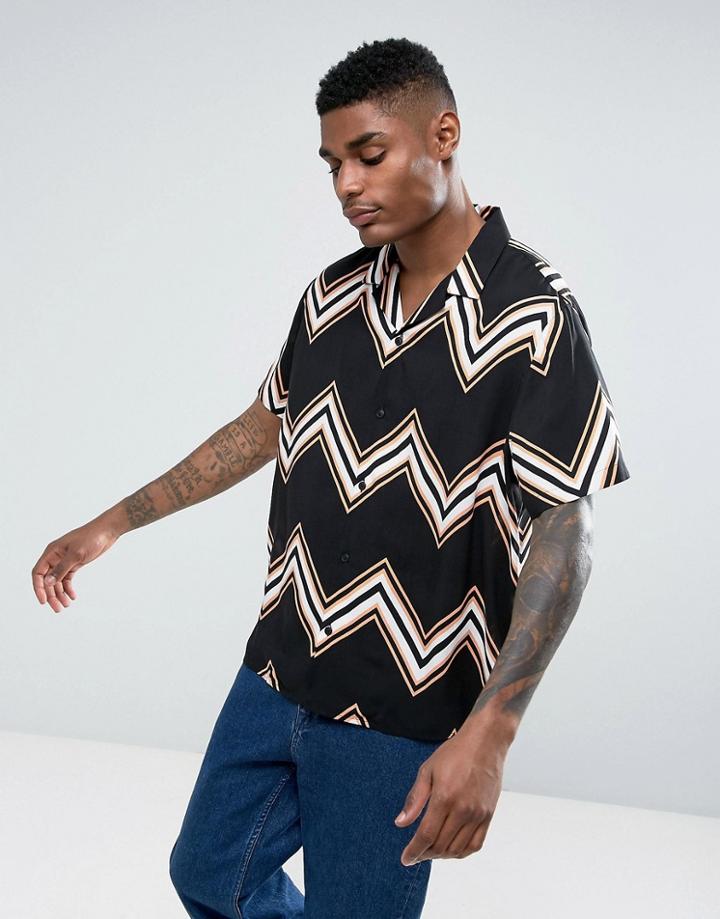 Asos Regular Fit Viscose Chevron Stripe Shirt In Black - Black