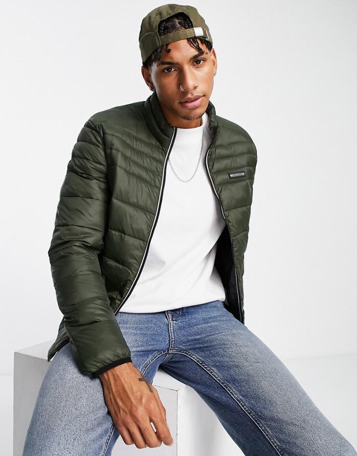 Jack & Jones Essentials Padded Jacket With Stand Collar In Khaki-green