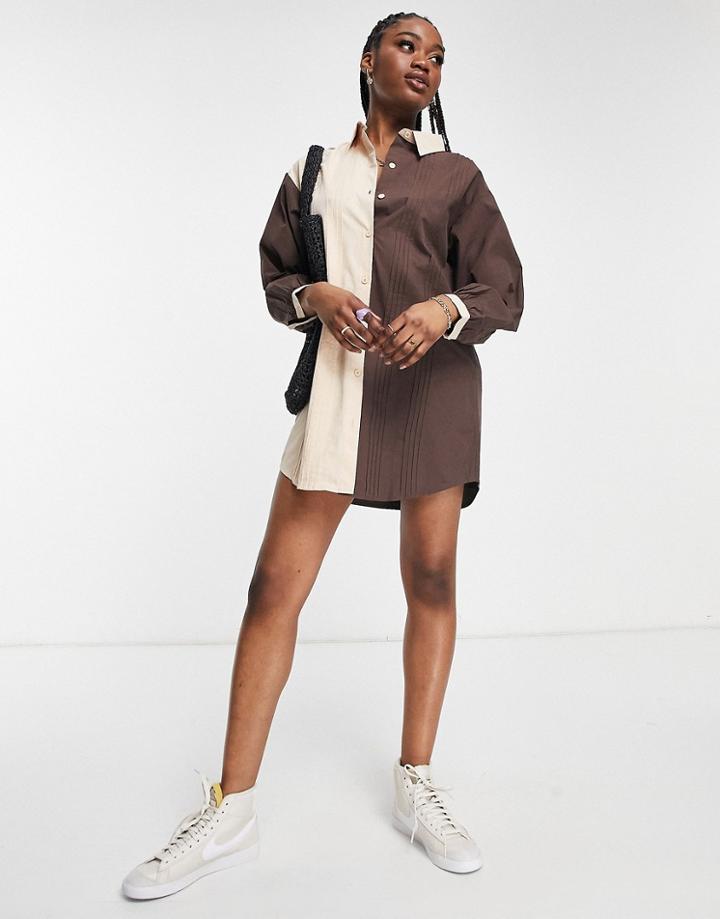 Lola May Two-tone Pleated Front Shirt Dress-brown