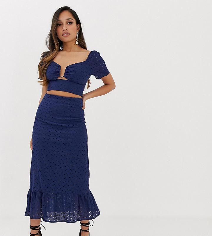 Fashion Union Petite Midi Skirt With Peplum Hem In Broderie Two-piece - Blue