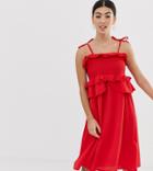 Lost Ink Petite Cami Dress With Smocking And Frill Detail-red
