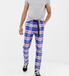 Asos Design Tall Tapered Pants In Check With Belt Detail - Blue