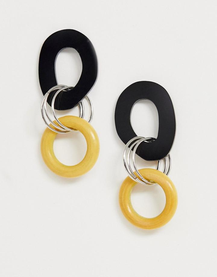 Asos Design Earrings With Open Wooden Shapes And Metal Links In Silver Tone - Silver
