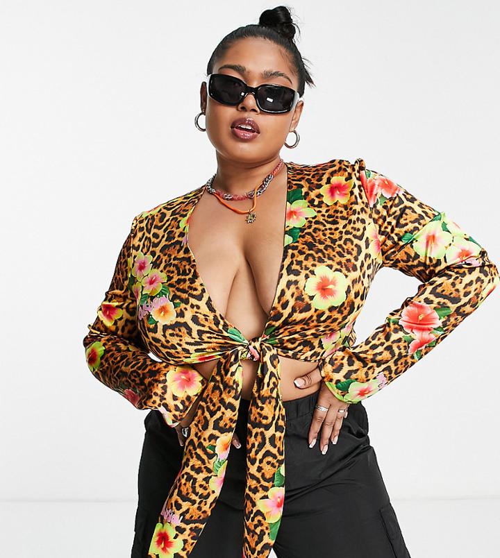 Collusion Plus Leopard Print Satin Tie Front Blouse-multi