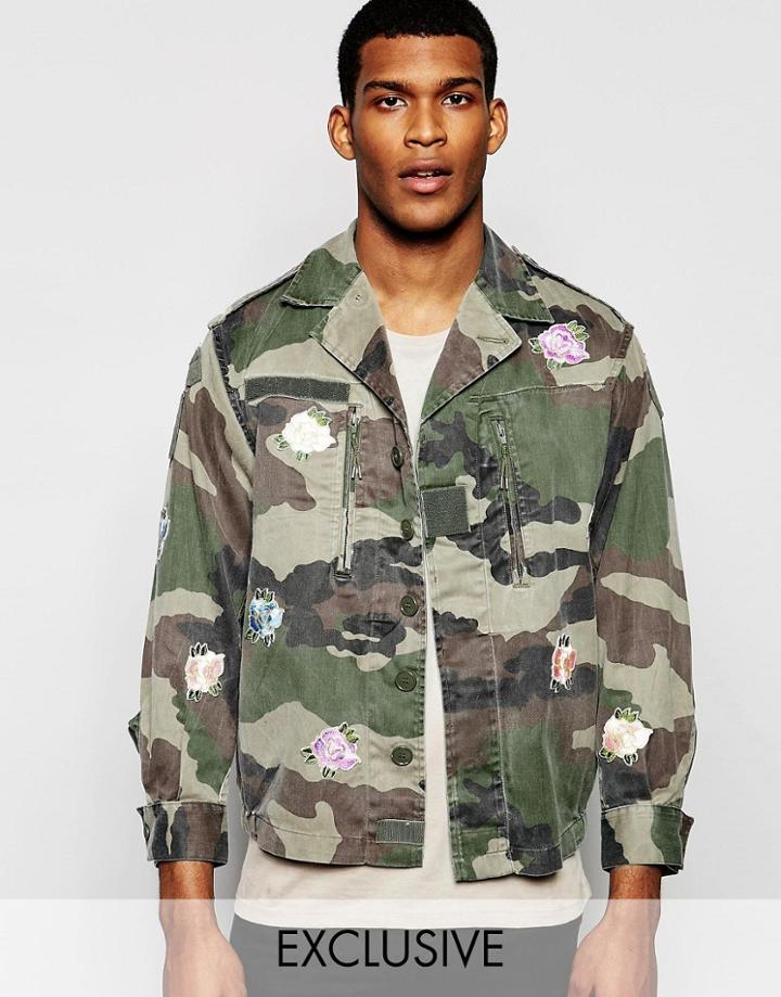Reclaimed Vintage Camo Jacket With Floral Patches - Camo