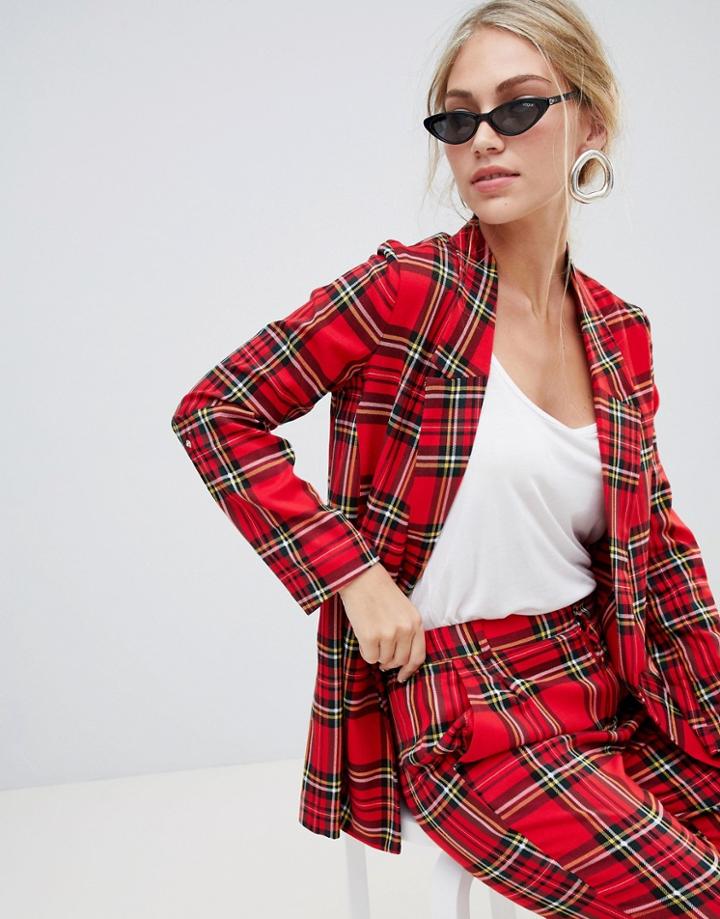 Stradivarius Red Plaid Longline Blazer - Red