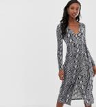 New Look Tall Long Sleeve Midi Dress In Snake Print-brown