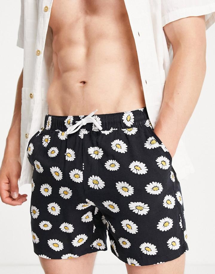 Asos Design Lightweight Slim Shorts With Daisy Print-black