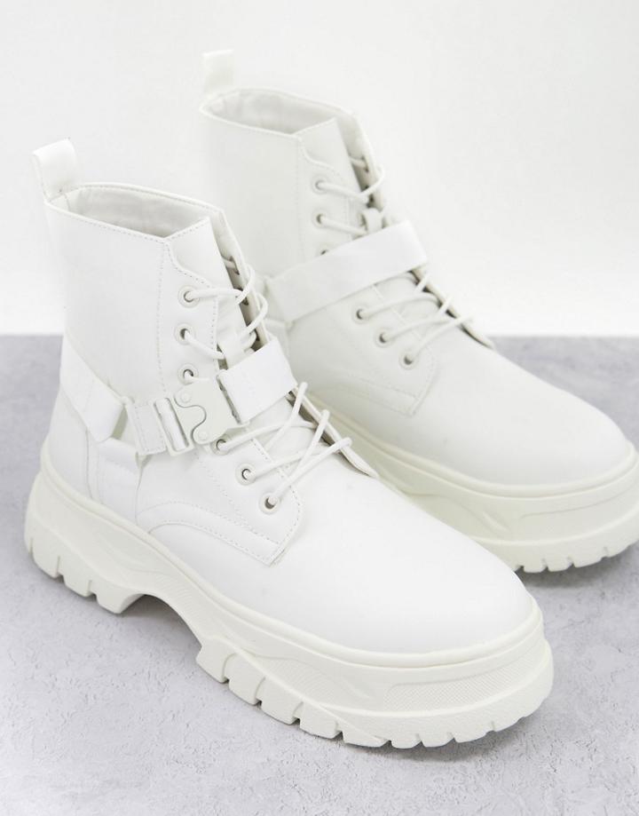 Asos Design Lace Up Boots In White Faux Leather With Strap Detail On Chunky Sole