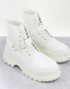 Asos Design Lace Up Boots In White Faux Leather With Strap Detail On Chunky Sole