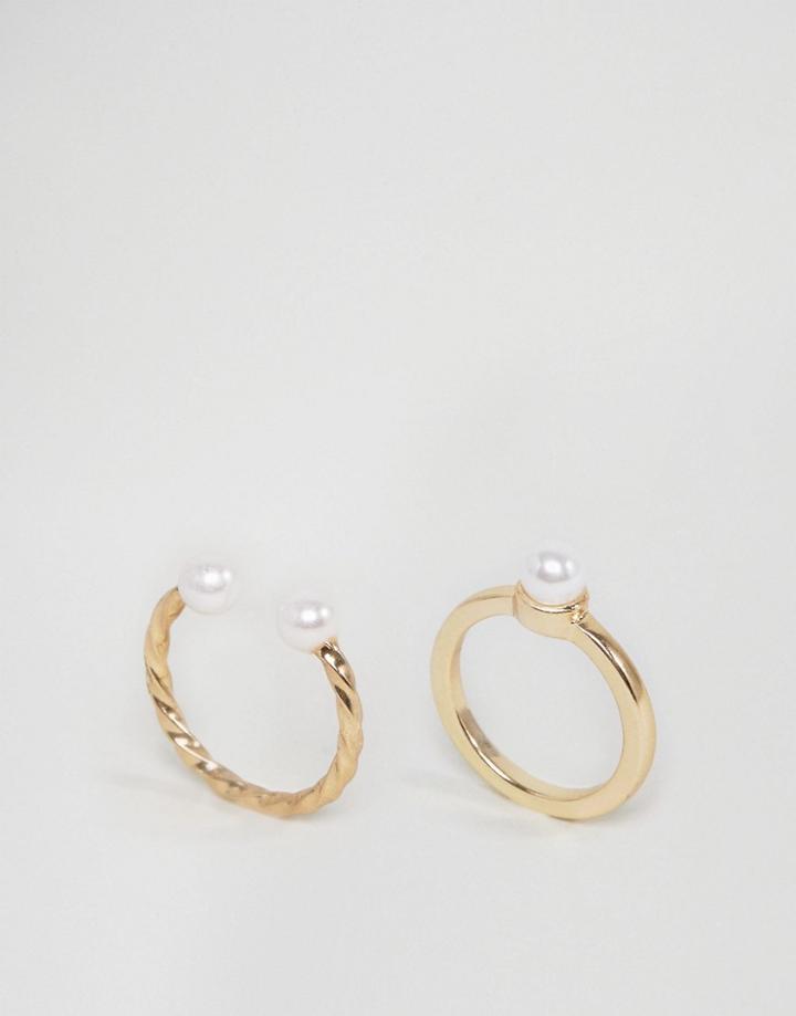 Asos Pack Of 2 Vintage Style Pearl Rings - Gold