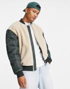 Asos Design Fleece Bomber Jacket In Ecru With Contrast Nylon Sleeves-white