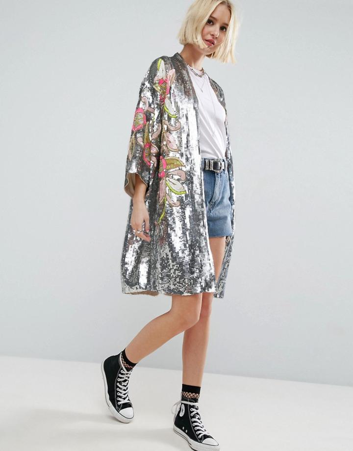 Asos Premium Embellished Festival Kimono - Silver