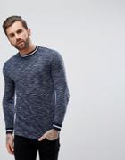 Asos Longline Long Sleeve T-shirt In Textured Fabric With Stripe Tipping - Navy