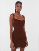 Bershka Mesh Tie Strap Mini Dress With Lettuce Hem In Brown-black