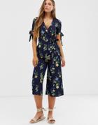 Qed London Floral Wrap Front Jumpsuit With Tie Sleeve Detail - Navy