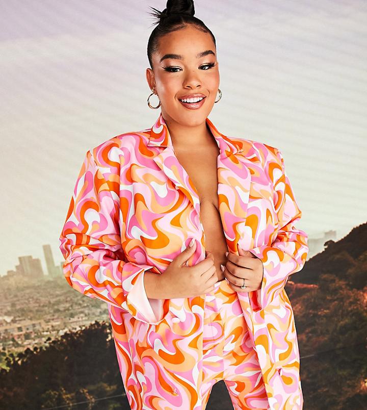 Asos Design X Millie Curve Oversized Blazer In Swirl Print - Part Of A Set-multi