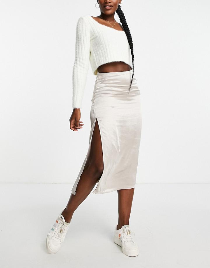 Stradivarius Satin Midi Skirt With Split Detail In Ecru-white