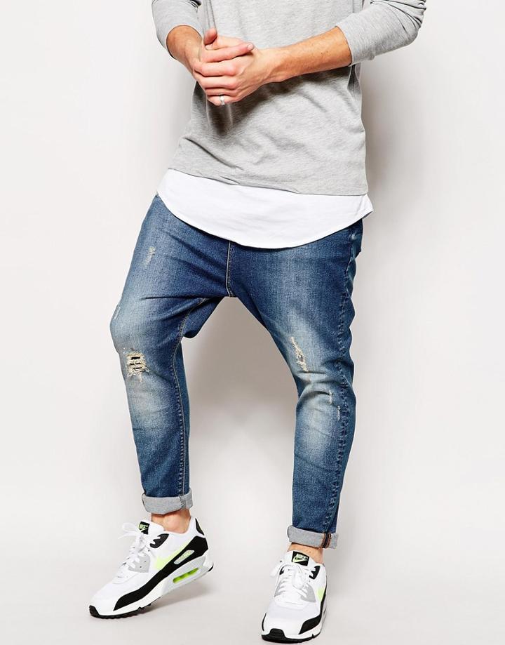 Asos Drop Crotch Jeans With Rip And Repair Detail - Blue
