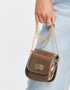 Truffle Collection Micro Mini Patent Curved Cross Body In Brown