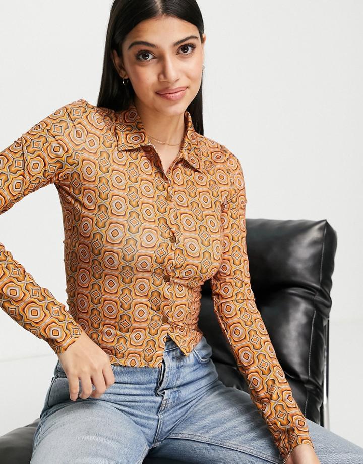 Pull & Bear Collar Button Front Top In Retro Orange Swirl