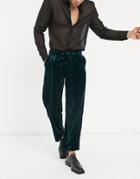 Asos Design Wide Pants In Crushed Velvet In Deep Green
