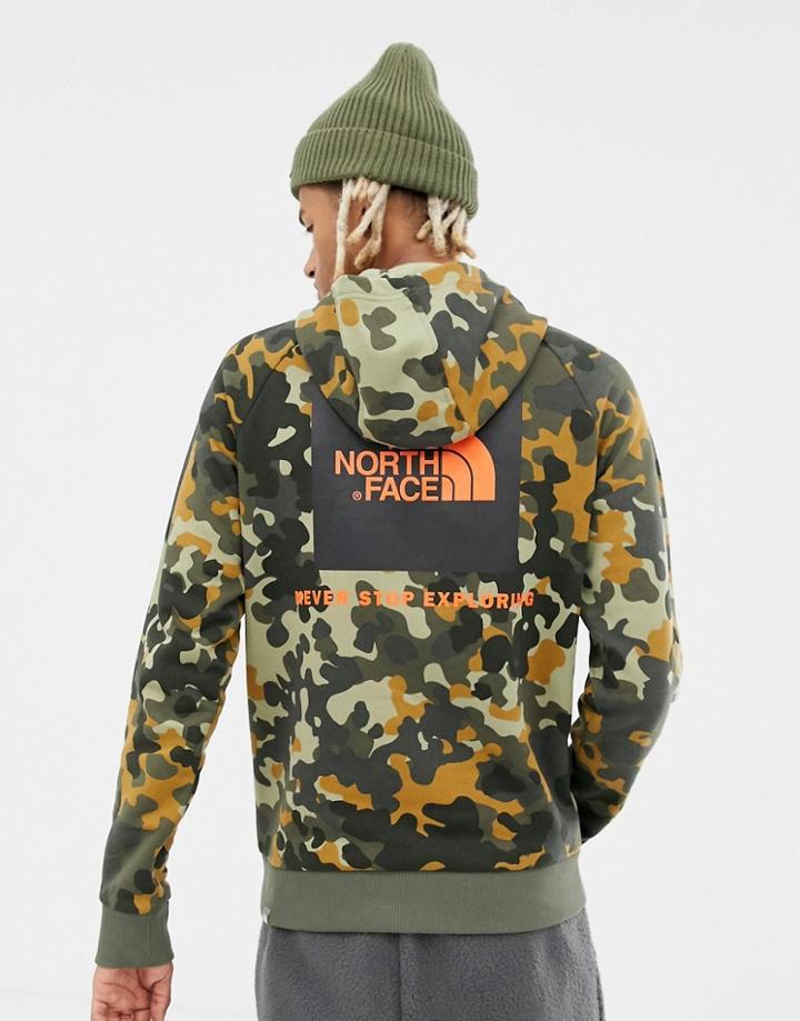 The North Face Raglan Red Box Hoodie In Macrofleck Print - Green