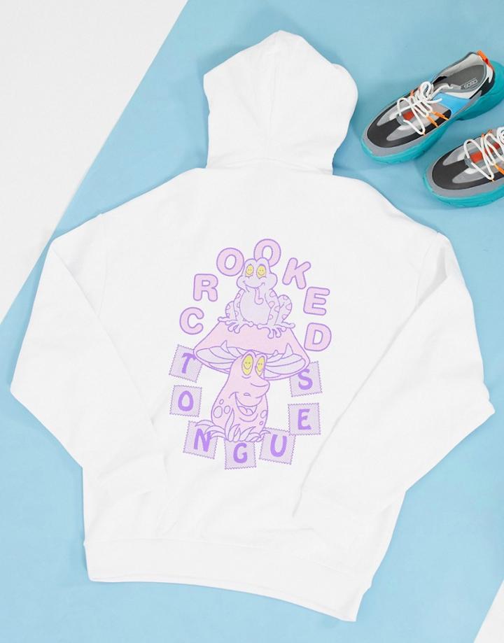 Crooked Tongues Oversized Hoodie With Physcadellic Mushroom Back Print-white