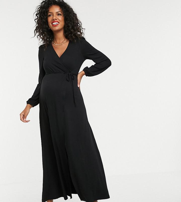 Asos Design Maternity Puff Sleeve Wrap Maxi Dress With High Split-black