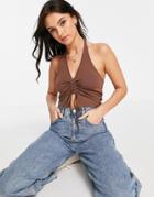 Asos Design Halter Top With Ruched Detail In Brown