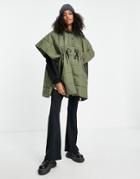 Selected Femme Hooded Poncho Jacket With Quilting And Tie Waist In Khaki-green