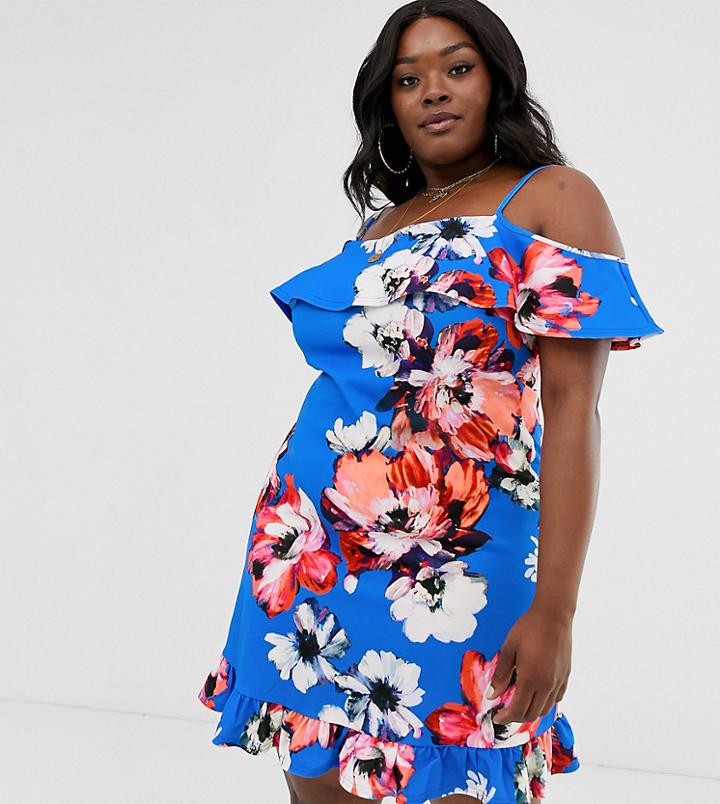 Simply Be Cold Shoulder Swing Dress In Blue Floral-multi