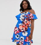 Simply Be Cold Shoulder Swing Dress In Blue Floral-multi