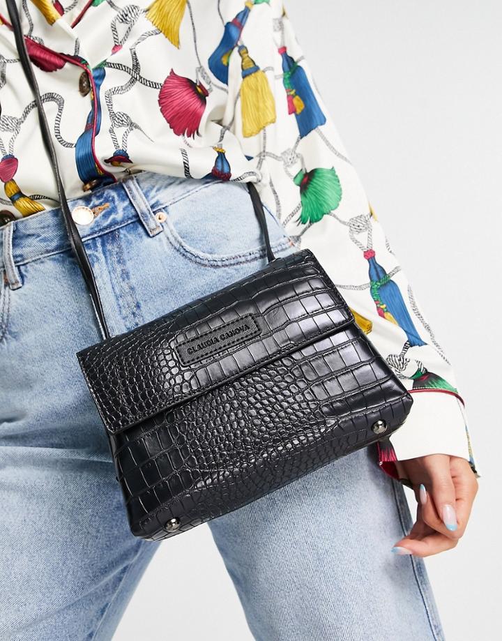 Claudia Canova Foldover Cross Body Bag In Black Croc