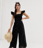 Asos Design Petite Shirred Frill Sleeve Jumpsuit-black