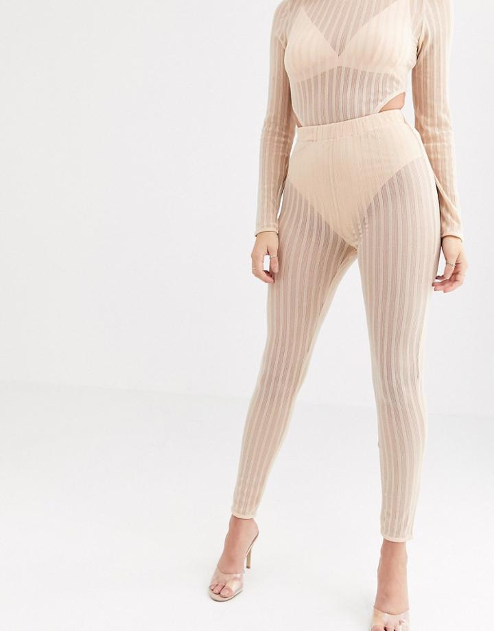 Rare London Sheer Ribbed Legging With Underwear In Beige