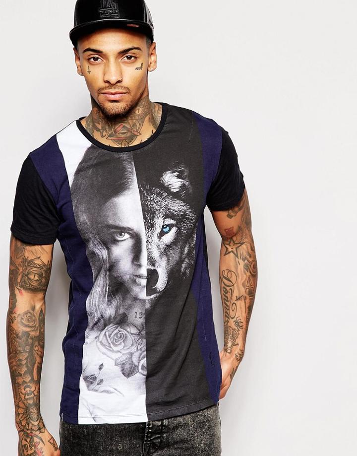 Religion T-shirt With Half Wolf Half Woman Print - Black