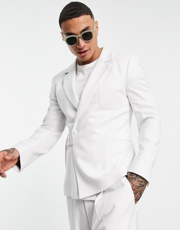 Asos Design Skinny Crop Suit Jacket In White Twill With Utility Strapping Detail