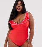 Brave Soul Plus Plunge Neck Swimsuit With Frill - Red