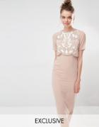Frock And Frill Embellished Overlay Pencil Dress - Taupe