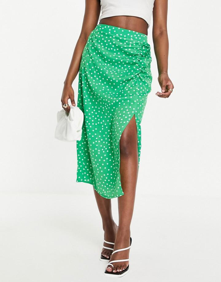 Ax Paris Ruched Split Front Midi Skirt In Green Polka
