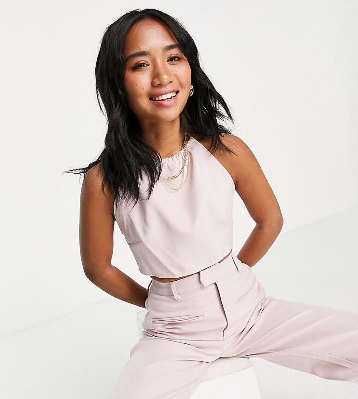 Missguided Petite Set Crop Top With Tie Neck In Pink