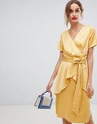 Lost Ink Midi Dress With Tie Waist In Satin - Yellow