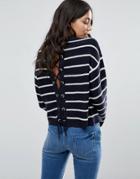 Brave Soul Stripe Lace Up Back Sweater - Navy