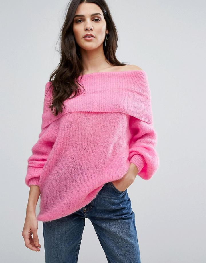 Warehouse Deep Bardot Mohair Sweater - Pink