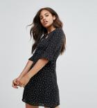 Fashion Union Tall V Neck Tea Dress In Polka Dot - Black